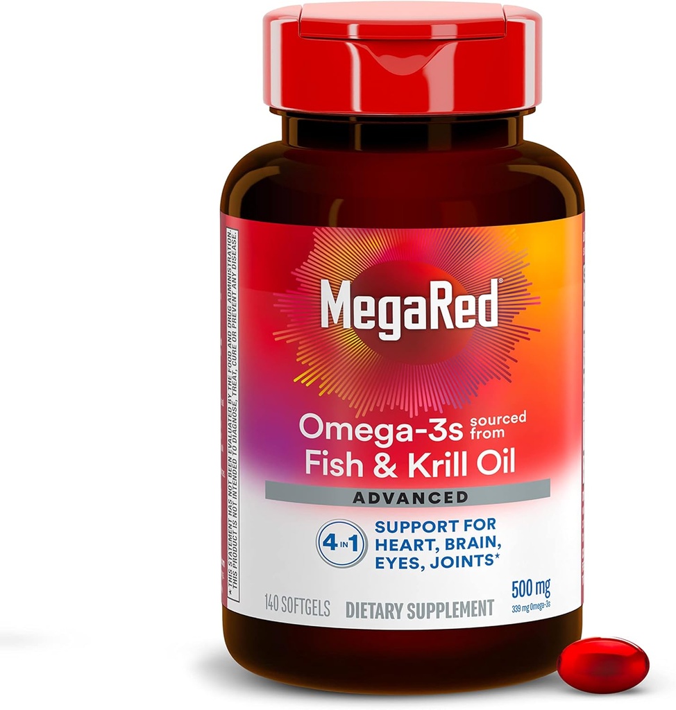 MegaRed Omega 3 Fish Oil Supplement + Krill Oil 500mg, Advanced 4in1 EPA & DHA Omega 3 Fedtsyrebløddele (140cnt Flaske), Phospholipider, understøtter hjerne øje fælles & hjerte sundhed