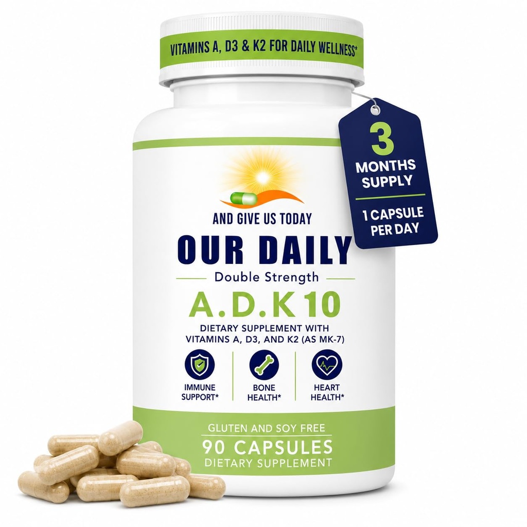 Vores Daily Vites ADK 10 Double Strength (10.000 iu) Vitamin A1, D3 & K2 (som MK7) - Læge Formuleret Bone & immunsystem Support Supplement - Gluten Free, Non- GMO - 90 Vegetariske Kapsler
