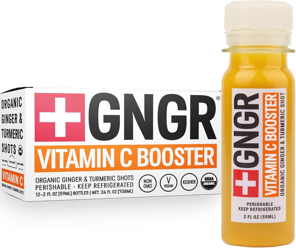 + GNGR C-vitamin Immunitet Booster Cold- Pressed Ginger Shot med gurkemeje, Cayenne, Acerola, Immunitet Shot med peruvian Ginger Juice for All Natural immun & fordøjelsesstøtte 2 fl oz (Pack of 12)