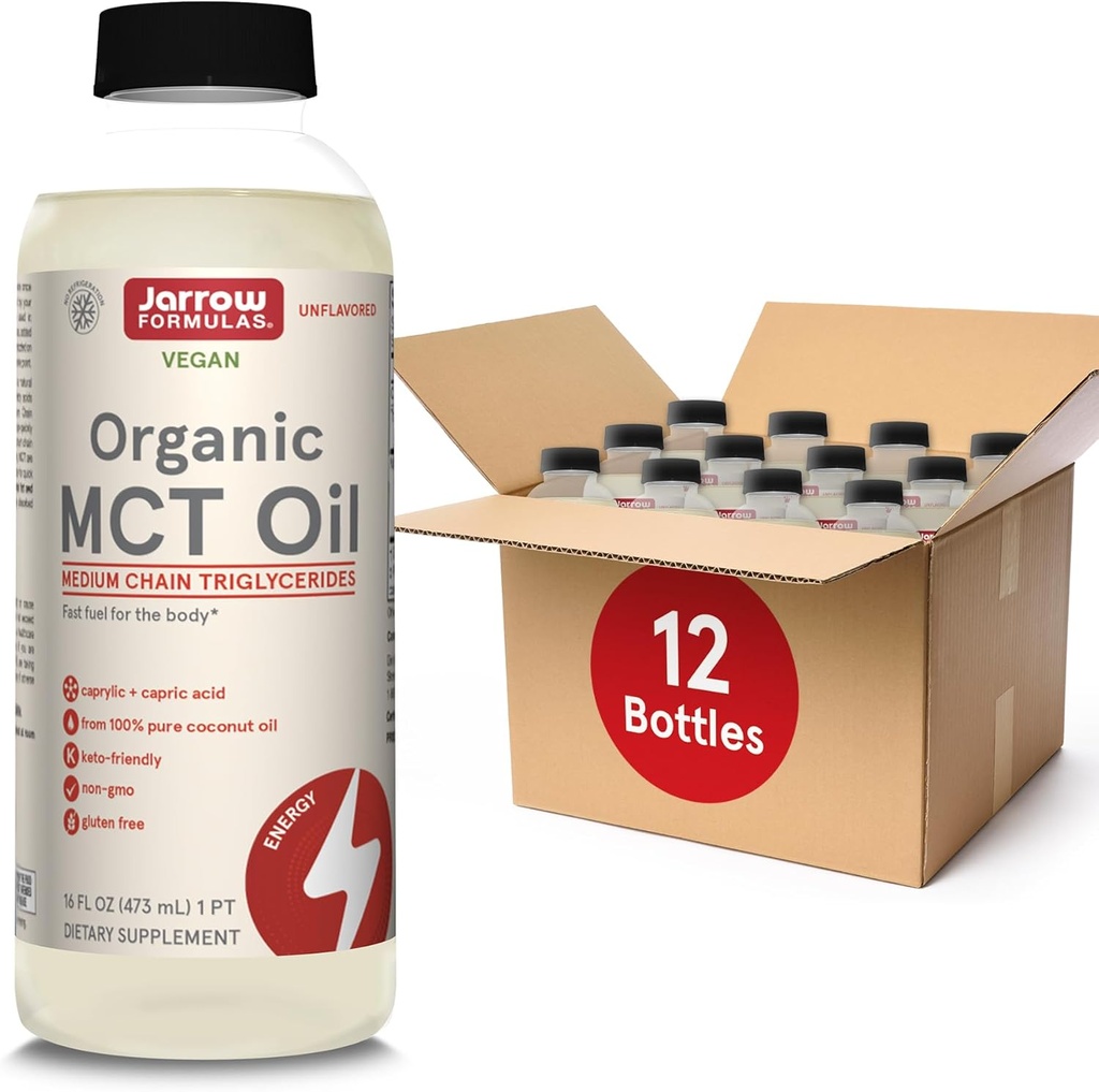 Jarrow Formulas Organic MCT Oil - 16 fl oz - Fast Fuel for Brain & Muscles - Captain (C8) + Capric Acid (C10) - Ketogent Diet Friendly Supplement - Unflavored (Pack of 12)