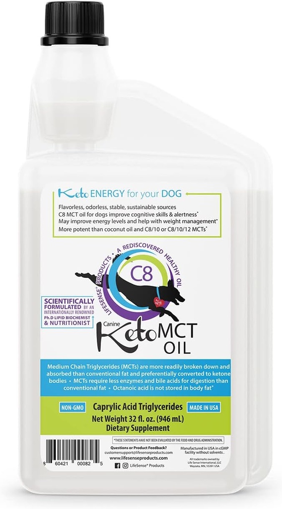 LifeSense C8 MCT Olie til hunde, Keto- Friendly, Sourced from Coconut Oil, Human Grade, 32 oz, Made in USA by PhD Nutrition, Dog Optimal Fuel for The Brain and Body