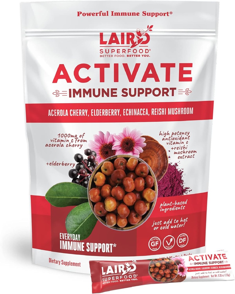 Laird Superfood Activate Immunity Support Powder Drink Supplement, 1000 mg C-vitamin fra Acerola Cherry, Elderberry, Echinacea og Reishi Mushroom, 7.75 Gram Stick, pakke med 10