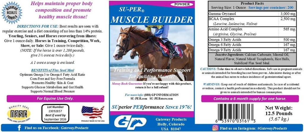 SU- PER Muscle Builder Horse supplement - Træning og ydeevne støtte til motion muskel - 12,5 Pund, 6 Måned Supply