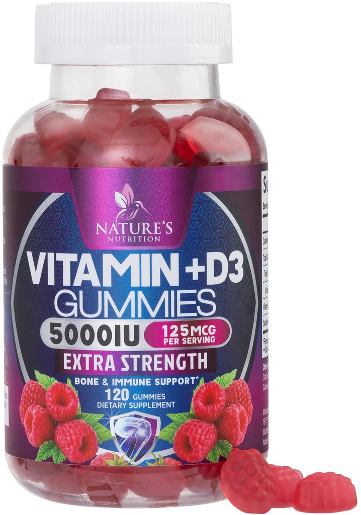 D3- vitamintilskud Gummy 5000 IE (125 mcg) Kosttilskud Vitamin D til mænd og kvinder - Knogler, tænder, muskler og immunforsvar, højpotens VIT D3 Nature non-GMO & Gluten Free - 120 Gummies