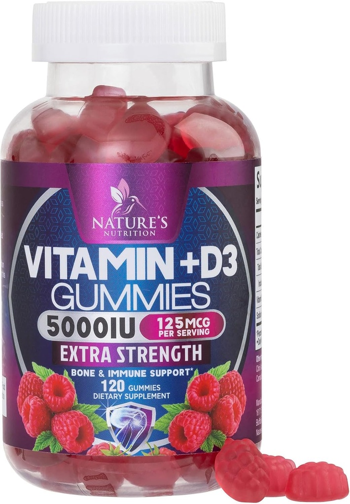 D3- vitamintilskud Gummy 5000 IE (125 mcg) Kosttilskud Vitamin D til mænd og kvinder - Knogler, tænder, muskler og immunforsvar, højpotens VIT D3 Nature non-GMO & Gluten Free - 120 Gummies