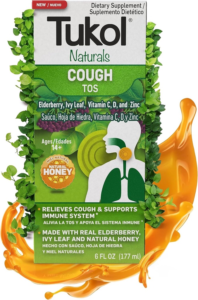 TUKOL Naturals Elderberry Syrup med C-vitamin, D-vitamin og zink, immunsupporttillæg med naturlig honning til voksne og teenagere, urtebærboost til immunitet & antioxidant Support, 6oz