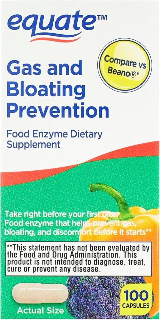 Equate Gas and Bloating Relief Prevention, Food Enzyme Kosttilskud Kapsler 100 Tæl (pakning med 1)