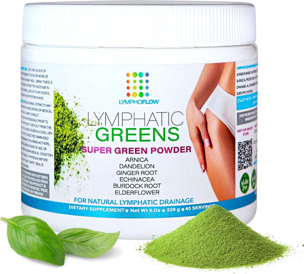 Bruizex Lymphorous Green: Superfood Powder Supplement for Lymphorous Drainage & Lymph Support I Post Liposuction, BBL, Lipedema, Massage I Works with Faja, Lipo Foam, Massager, Oil I Vegan I 8 Oz