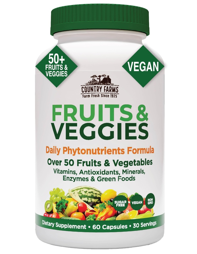 LAND FARMS Super Frugt og Veggies Kapsler, Hele fødevarer supplement, kraftfuld antioxidant, understøtter energi, immunsundhed, øger fordøjelsessygdomme, 30 Super fødevarer, 30 Servere