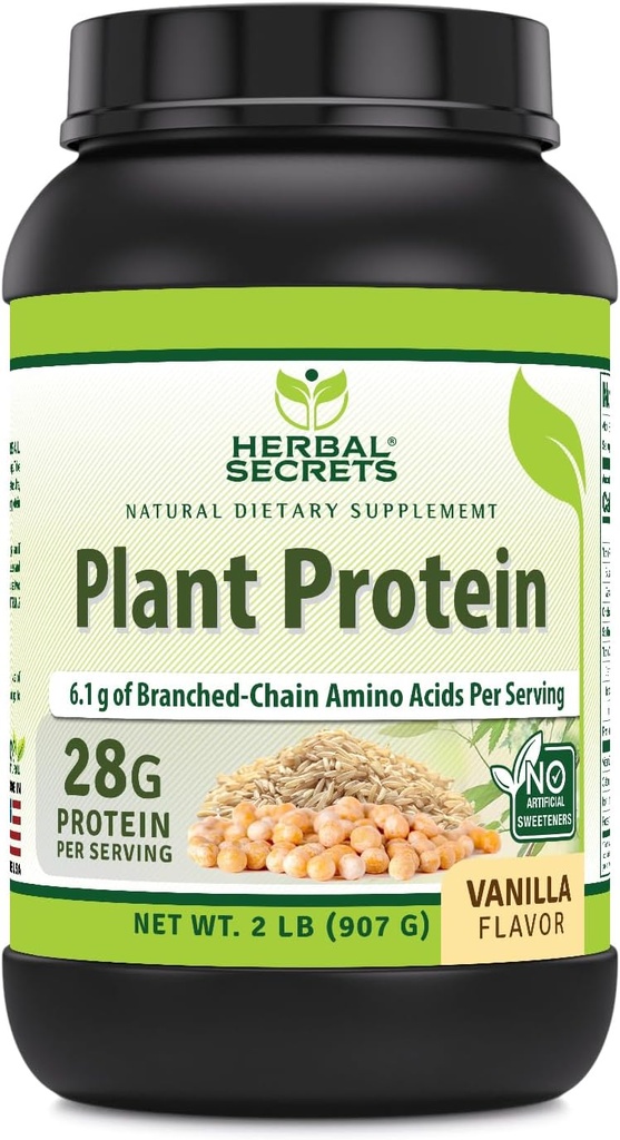 Herbal Secrets Plant Protein 2 Lb Powder Budding 124; 28 Grams Protein per Serving Budding 124; 6.1 Grams BCAA Budding 124; Vegan Supplement Buddy 124; 23 Servering Budding 124; Made in USA (2 Lb, Vanilla)