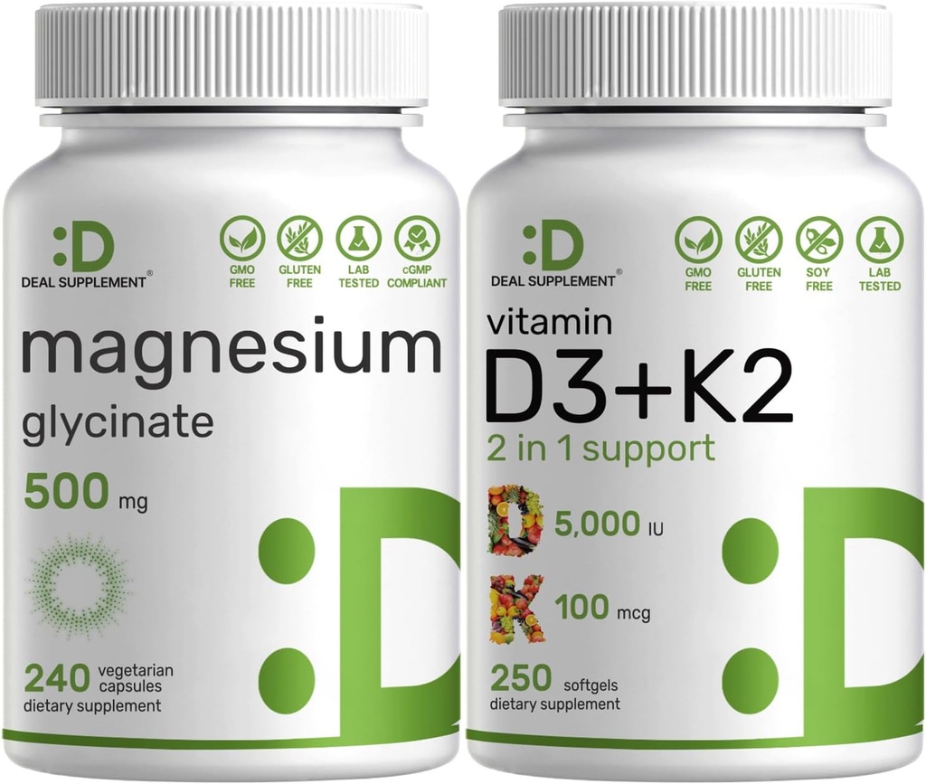 Magnesium Glycinat 500mg Veggie Capsules & Vitamin D3 5,000iu + K2 100mcg Softels Bundle - Nemt Absorberet Chelated Mineral - D & K Essential Sunshine Vitaminer