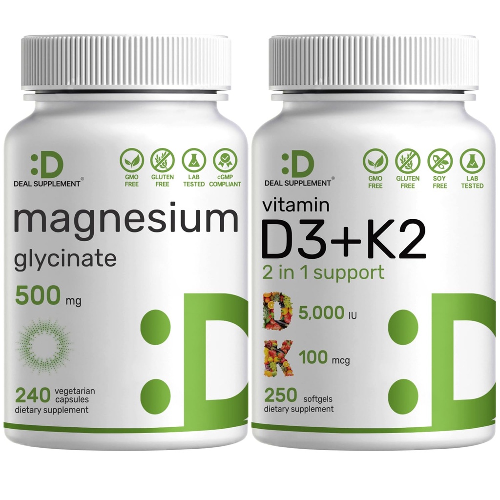 Magnesium Glycinat 500mg Veggie Capsules & Vitamin D3 5,000iu + K2 100mcg Softels Bundle - Nemt Absorberet Chelated Mineral - D & K Essential Sunshine Vitaminer