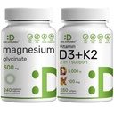 Magnesium Glycinat 500mg Veggie Capsules & Vitamin D3 5,000iu + K2 100mcg Softels Bundle - Nemt Absorberet Chelated Mineral - D & K Essential Sunshine Vitaminer