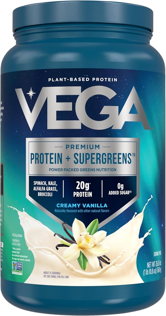 Vega Premium Protein + Supergreens - 20g Protein, Creamy Vanilla, 25 Servering, Spinach, Kale, Alfalfa Grass, Broccoli, 0g Tilføjet sukker, non-GMO, Gluten Free, Dairy Free, 1.68 lbs (Packaging May Vary)