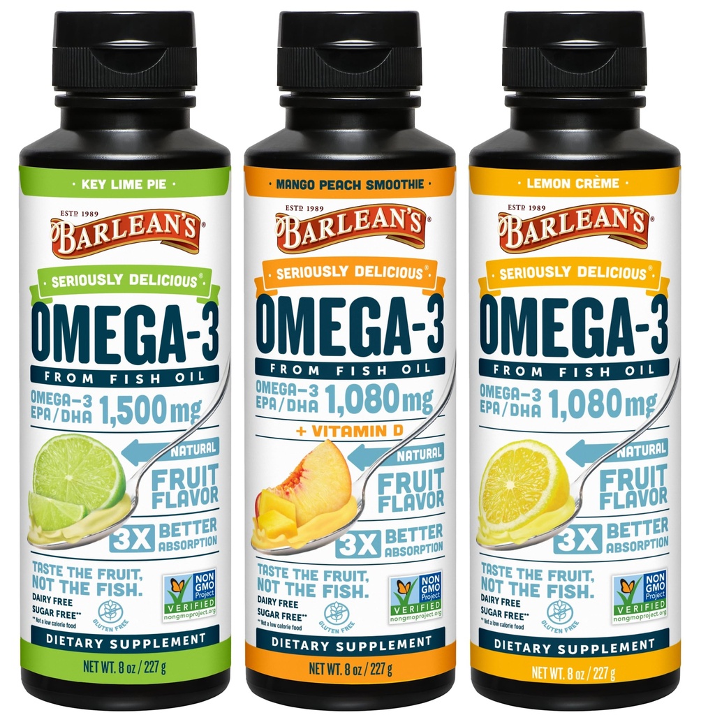 Barlean 's Omega 3 Fish Oil Liquid Supplement 3 -Flavor Variety Pack til mænd og kvinder, EPA og DHA Fede syre, omfatter Key Lime Pie, Lemon Crème og Mango Peach Flaves, 8 oz