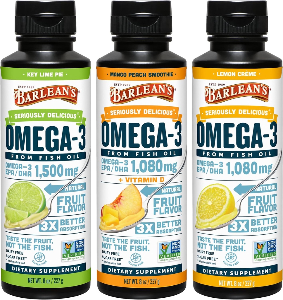 Barlean 's Omega 3 Fish Oil Liquid Supplement 3 -Flavor Variety Pack til mænd og kvinder, EPA og DHA Fede syre, omfatter Key Lime Pie, Lemon Crème og Mango Peach Flaves, 8 oz