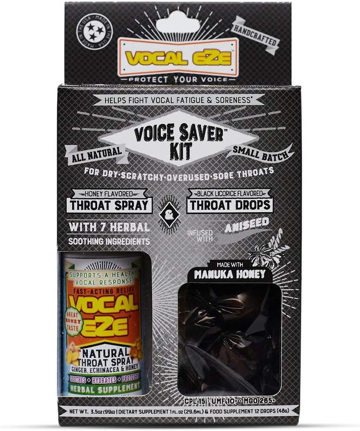 Vocal Eze Voice Saver Kit, Inkluderer Vocal Herbal Throat Spray (1) og (12) Manuka Honey Drops Measures 124; Relieve Sore, Hoass, Træthed, Tørhed af Hals Measures 124; immunforsvar, naturlige ingredienser (Aniseed)