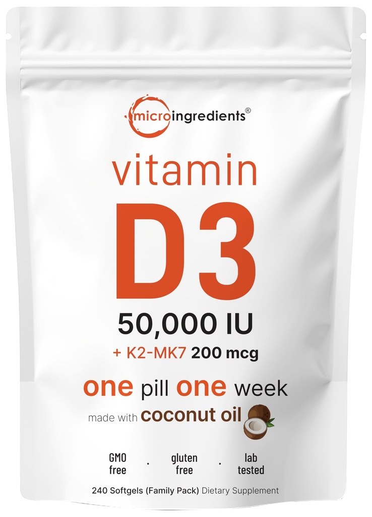 Micro Ingredients Vitamin D3 50.000 IE + K2 MK- 7 200 mcg, 240 Softgels against 124; Virgin Coconut Oil Removal 124; 2- in-1 Bone, Immun & Heart Support Removal 124; Let at synke, Non- GMO