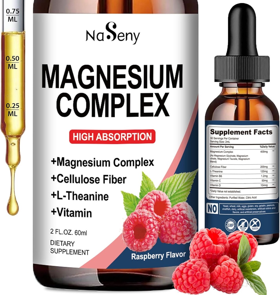 Magnesium Complex supplement, 400mg af Magnesium Glycinat, Malat & Citrate Vitamin Blend for kvinder og mænd, Høj Absorption - for afspænding, God søvn & nerve sundhed (60ML / Hindbær)