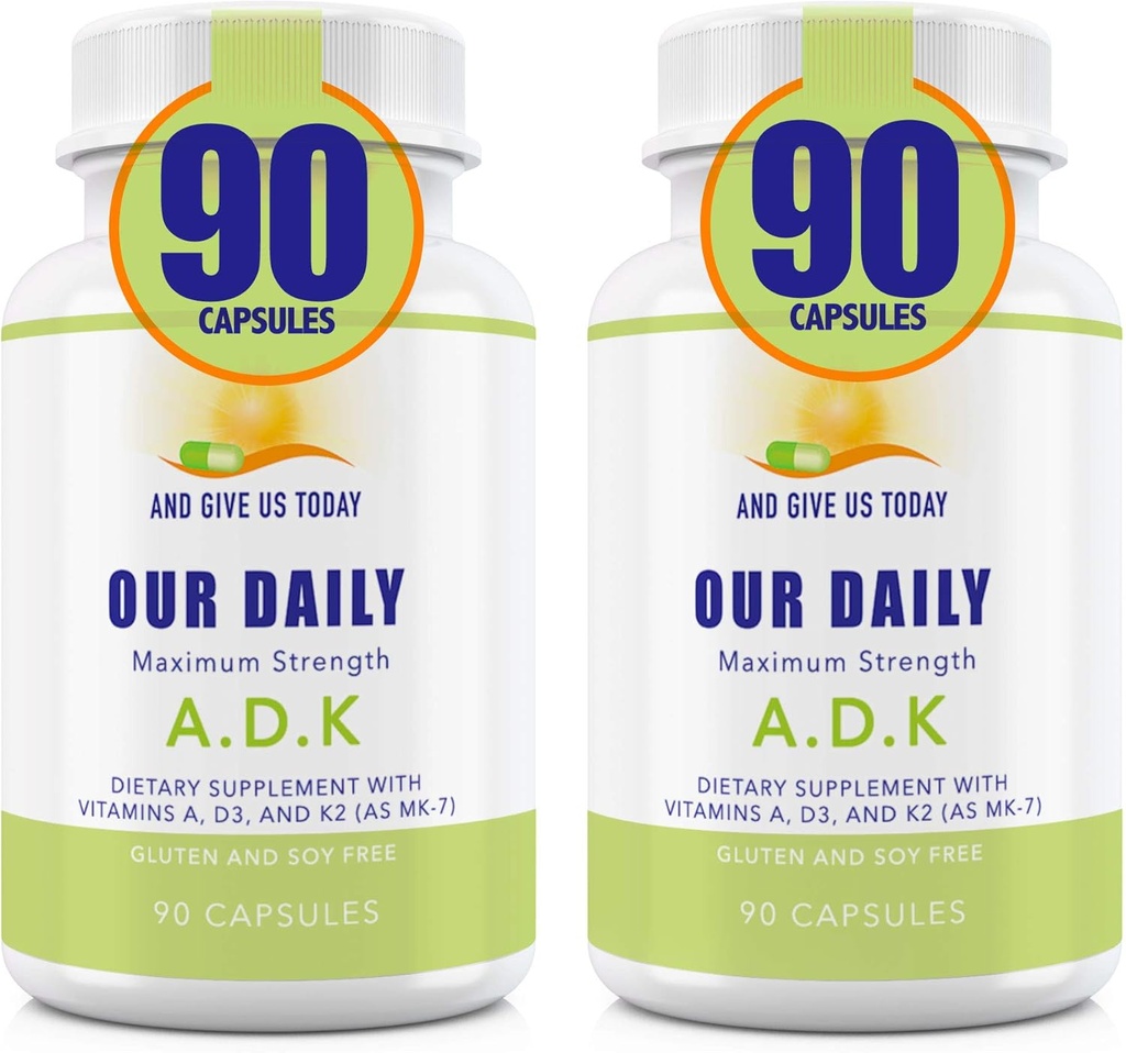 Vores daglige Vites ADK supplement - vitamin A, D3 & K2 (som MK7) - ben, immunsystem support - høj potens Vitaminer med ikke GMO ingredienser - Gluten Free, Soy Free vegetabilsk kapsler 180 CT