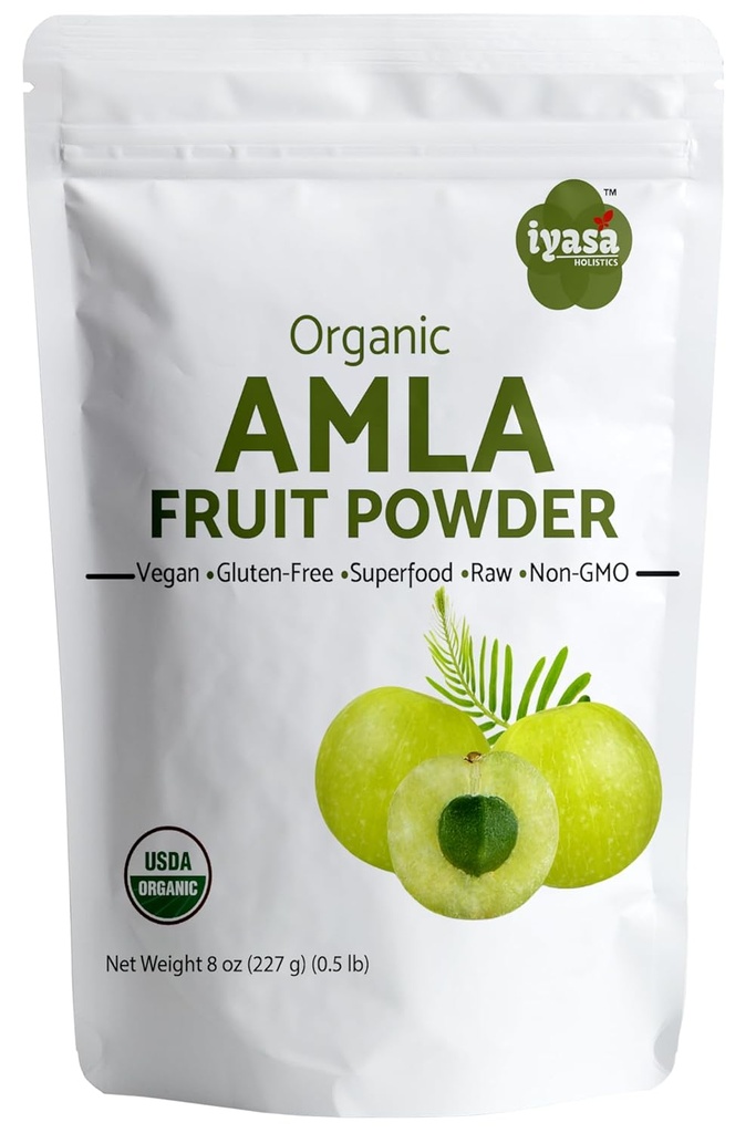 Iyasa Holtics Organic Amla Fruit Powder, Amalaki Berry Powder, 8 ounce / 226 gm, Raw Superfood til hud og hår, Resealable Pouch