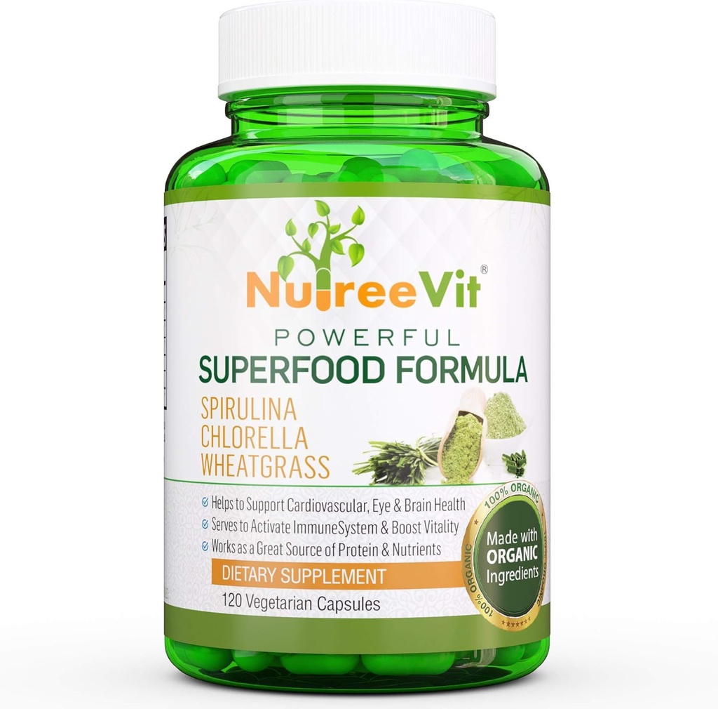 NutreeVit Pure 100% Økologisk Spirulina + Chlorella + Wheatgrass - Energy Booster, immunstøtte, kraftfuld Superfood Antioxidant - Veggie Kapsler