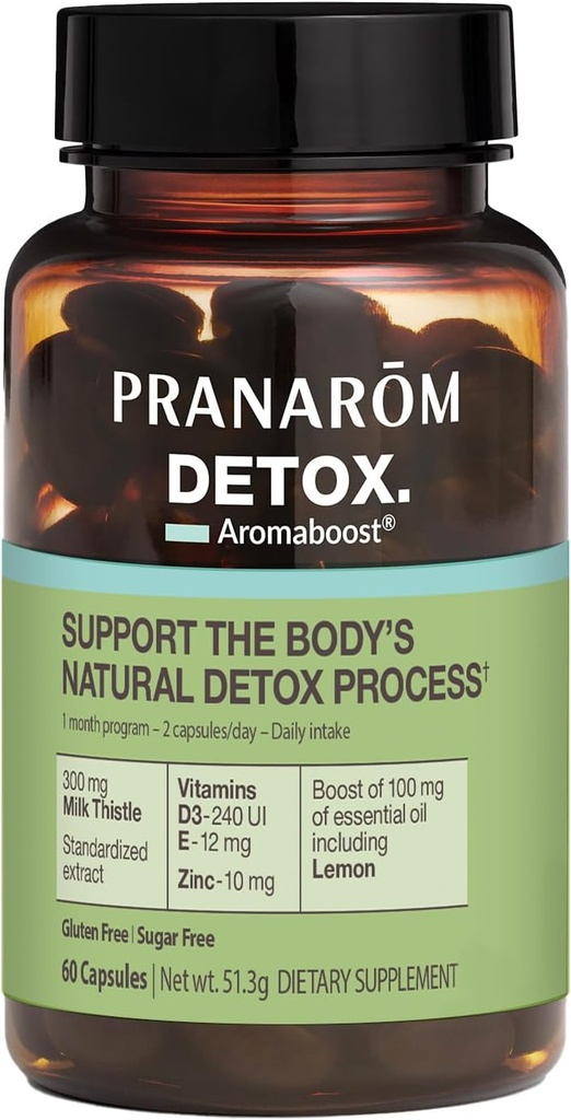 Pranarom - Aromaboost Detox Herbal Supplement - Eliminerer toksiner og dræn Kroppen - Mælk tidsel og zink - Vitamin D3 og E - Lemon Essential Oil - 60 Greve