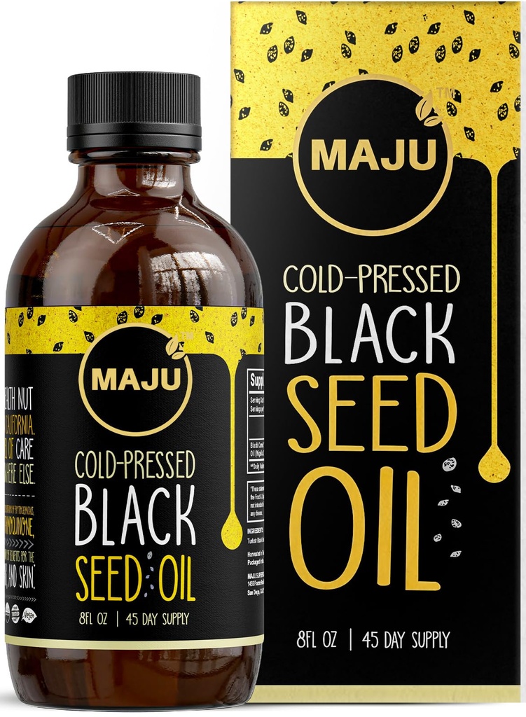 MAJU Black Seed Oil - 3 gange Thymoquinone, Cold- Presset, 100% Tyrkisk Black Cumin Seed Oil, Flydende Pure Blackseed Oil, Glasflaske, 8 oz