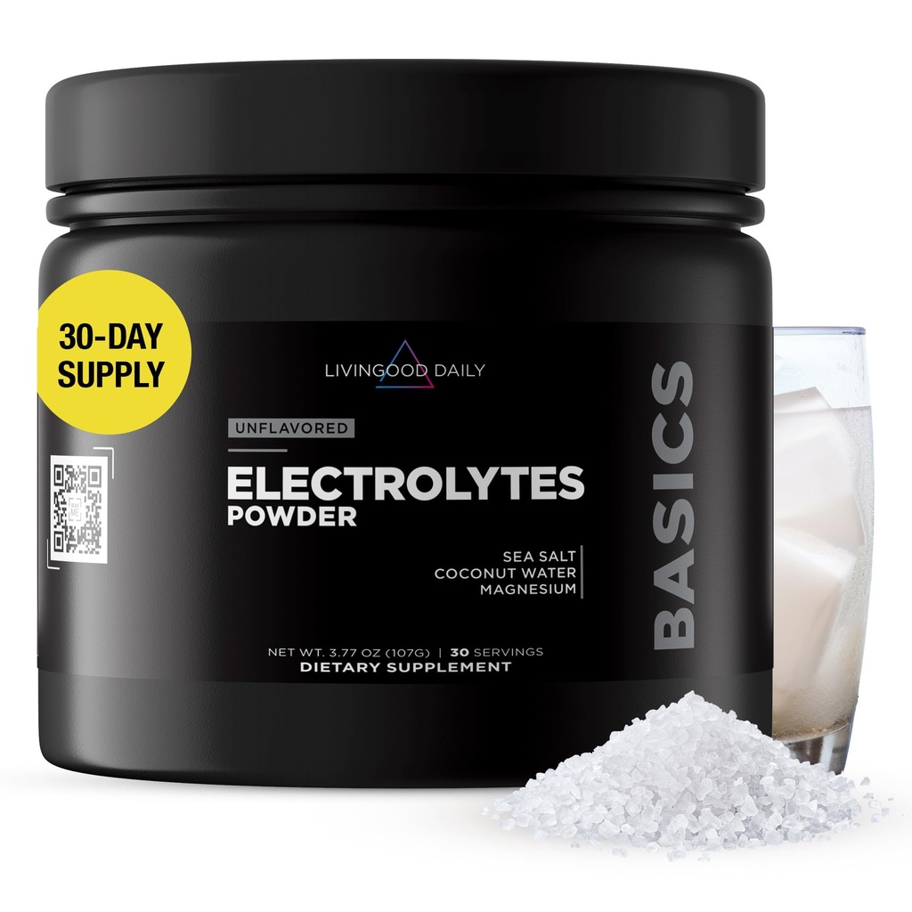 Livingood Daily Electrolytes Powder, Electrolytes Hydration Powder with Magensium, Kalium, Sea Salt and Coconut Water Sugar Free Electrolyte Drink Mix, Keto, Gluten Free, Unflavored, 30 Serveringer