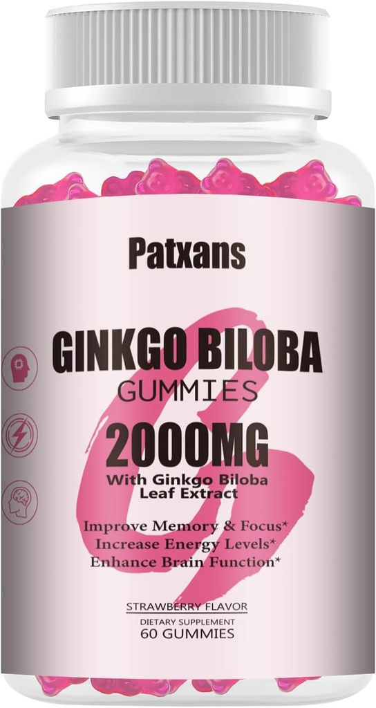 1 Pack 2000mg Ginkgo Biloba Gummies - Ginkgo Biloba Kosttilskud til brain sundhed støtte, Forbedre mad og fokus, Energi, Voksen, Strawberry Flavor, 60 Greve
