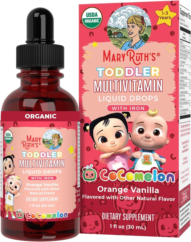 MaryRuth Organics CoComelon Toddler Kids Multivitamin med jern-124; Immunsupport.124; Toddler Vitamin-124; USDA Organics-124; Sukker-fri-124; Multivitamin Liquid Drops til børn i alderen 1-3-124; Vegan-124; 1 Fl Oz