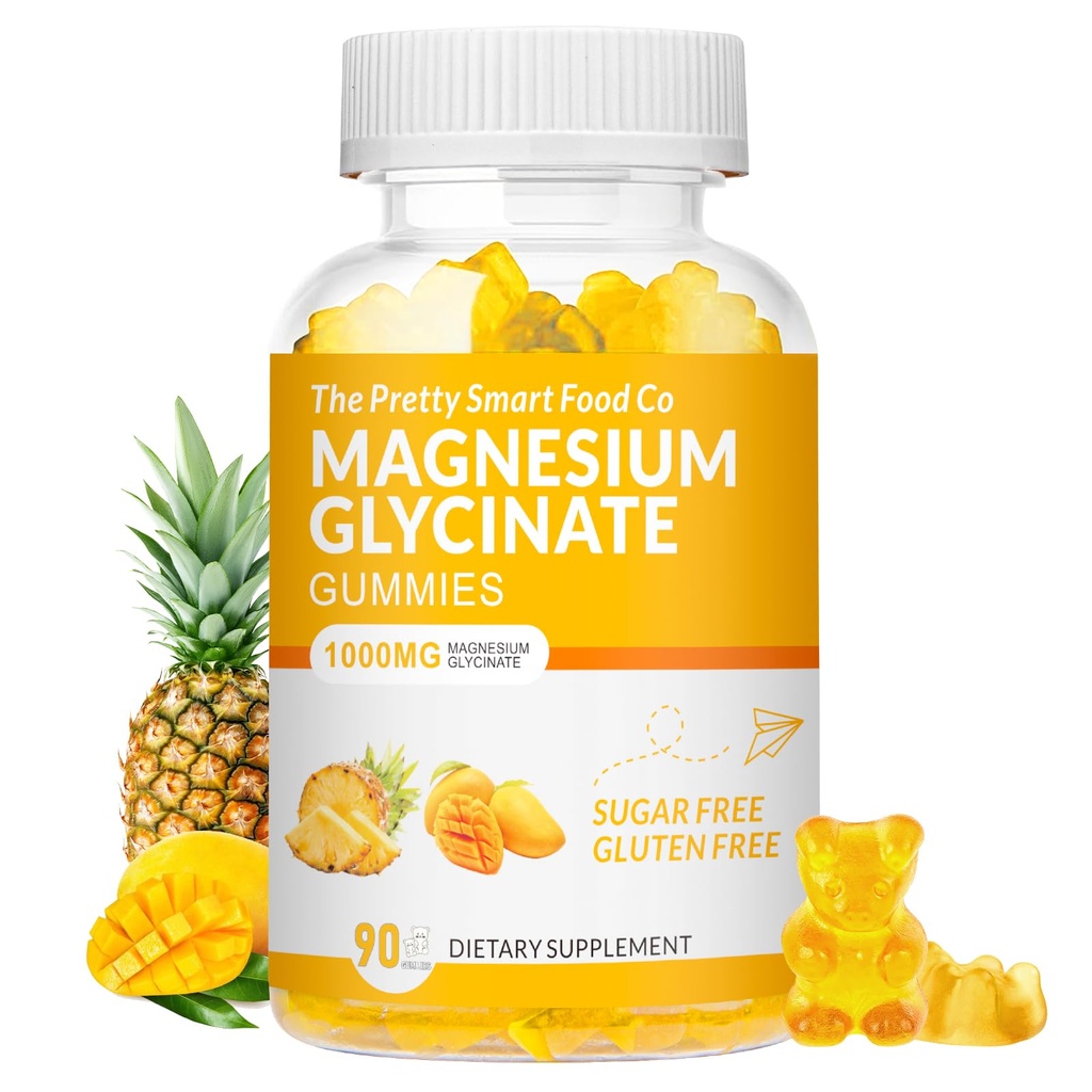 Magnesium Glycinate Gummies 1000mg - 90 Ct - 124; Magnesium Kalium Kosttilskud til afslapning, Stress Relief, med D-vitamin, B6, CoQ10 for rolig mood & dvalestøtte - Mango Pineapple Gummies