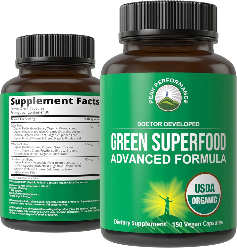 Organic Super Green 150 kapsler - Grøn Juice Superfood supplement med 25 alle naturlige økologiske ingredienser. Max Energy og Detox Super Food Pills med Spirulina, Spinat, Kale, Gurkemeje, Probiotika