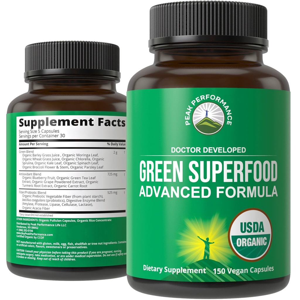 Organic Super Green 150 kapsler - Grøn Juice Superfood supplement med 25 alle naturlige økologiske ingredienser. Max Energy og Detox Super Food Pills med Spirulina, Spinat, Kale, Gurkemeje, Probiotika