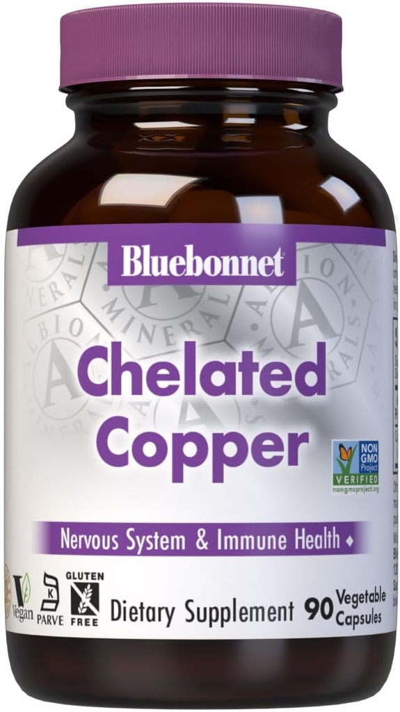 Bluebonnet Nutrition Albion Chelated Copper, 3 mg kobber, For Nervesystemet og immunforsvar *, Soy- Free, Gluten- Free, Non- GMO, Kosher Certified, Dairy- Free, Vegan, 90 Vegetabilske Capsule, 90 Servering
