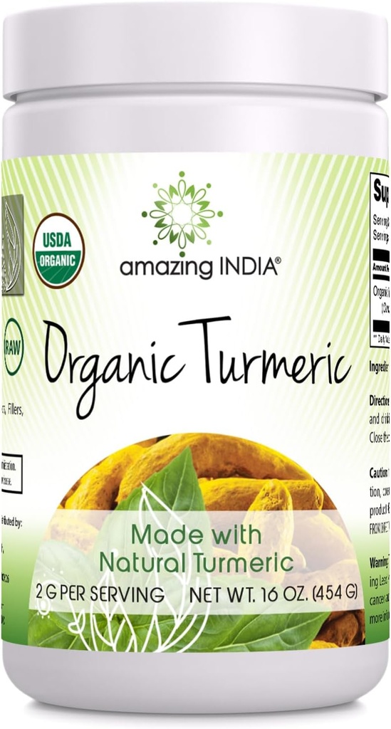 Amazing India USDA Certified Organic Turmmeric Powder 16 Oz (1 Lb) Supplements124; Non- GROMLE 124; Gluten Free
