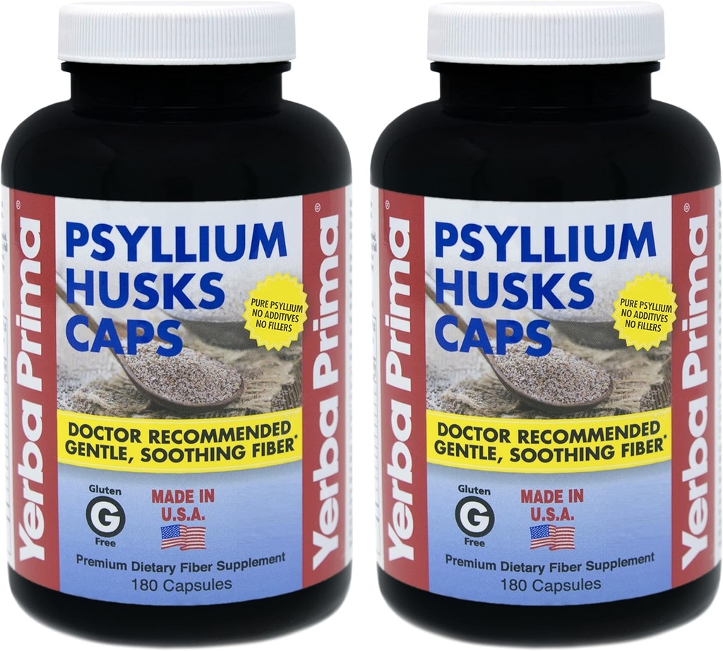 Yerba Prima Psyllium Husk Caps - 180 kapsler (pakke af 2) - Let at synke fibre supplement - Colon Cleanse - Gut Health - Non- GMO Gluten Free