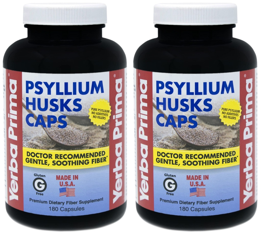 Yerba Prima Psyllium Husk Caps - 180 kapsler (pakke af 2) - Let at synke fibre supplement - Colon Cleanse - Gut Health - Non- GMO Gluten Free