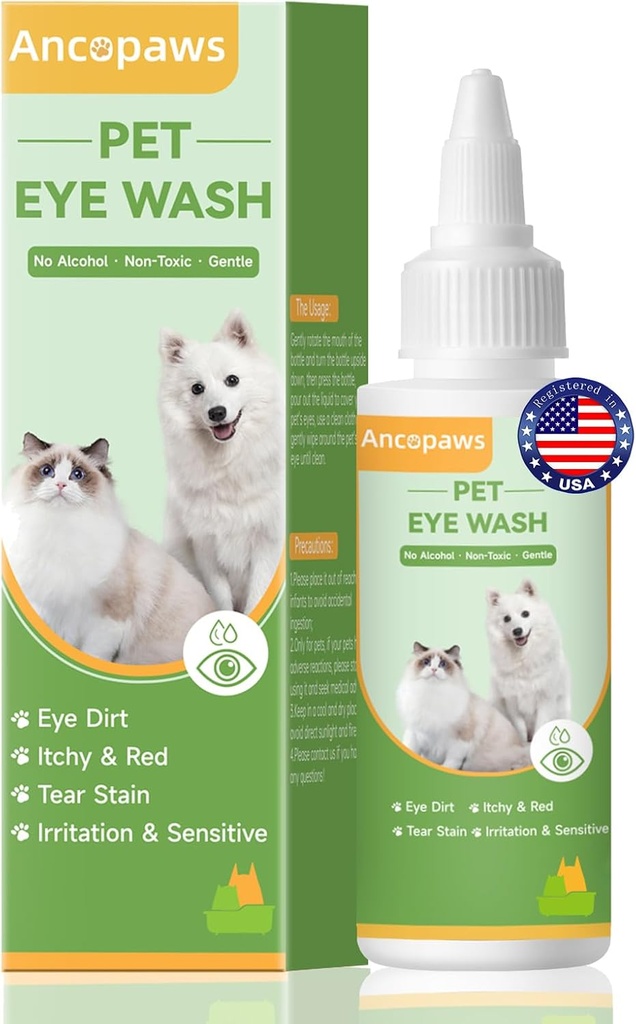 Øjendråber til hunde & katte: Pet Eye Vask til Soothe Allergy & Irritation - Hundeøjendråber til at lette tørre øjne lyserøde øjne - Pet Tear Stain Cleaner - Egnet til alle dyr