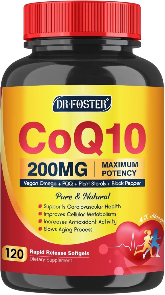 CoQ10 200mg Softgels med vitamin E & Omega 3- 6 - 9 & PQQ - Høj Absorption Coenzym Q10 med Bioperine • 124; Maksimal antioxidant • 124; Hjertestøtte & Cellular Energy Production Supplement • 124; 120 Servere