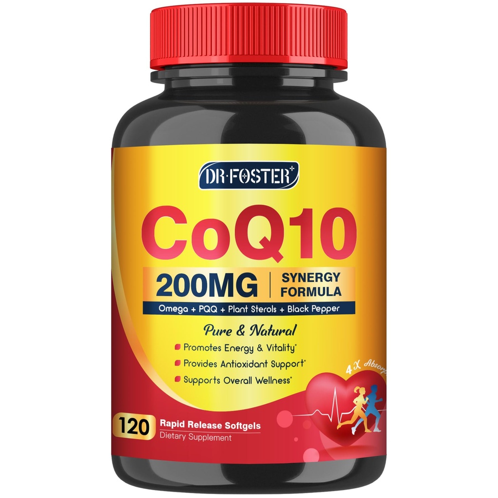 CoQ10 200mg Softgels med vitamin E & Omega 3- 6 - 9 & PQQ - Høj Absorption Coenzym Q10 med Bioperine • 124; Maksimal antioxidant • 124; Hjertestøtte & Cellular Energy Production Supplement • 124; 120 Servere