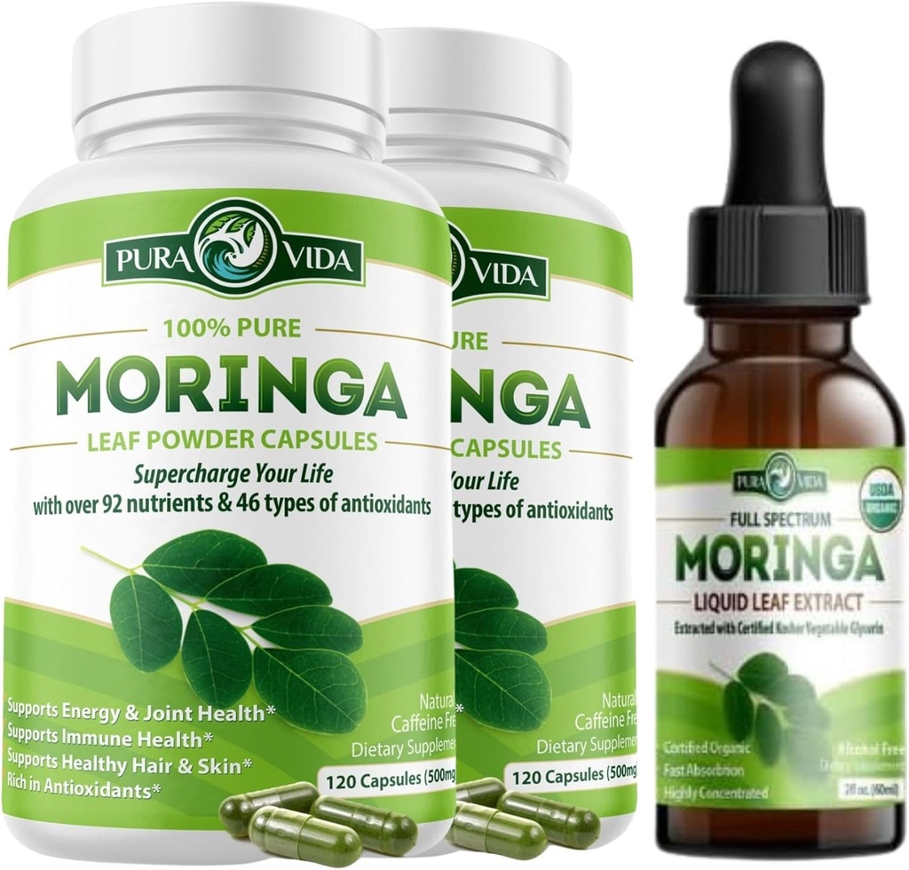 Moringa Kapsler 120ct. 500mg Caps. (Pakke med 2) og Organic Moringa Oil (2fl oz)