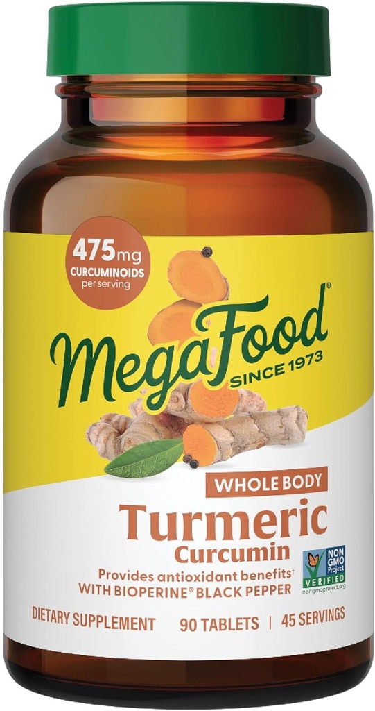 MegaFood hele kroppen gurkemeje supplement - gurkemeje tillæg med sort peber & C-vitamin - 475 mg curcuminoider Per Servering - Antioxidant & immunforsvar - Vegan - 90 tabletter, 45 servering