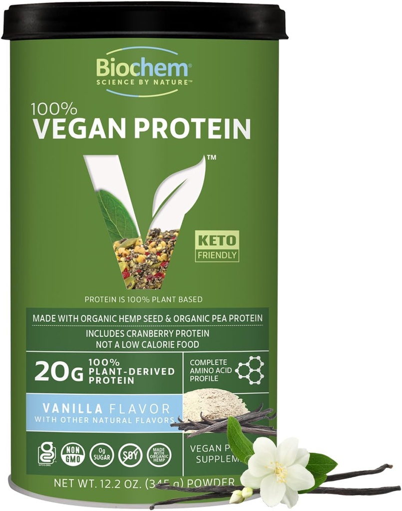 Biochem Vegan Protein Powder - 20g Plant- baseret protein til muskelstøtte - Organic Pea, Hamp & Cranberry Protein - Lavcarb, Lavfedt, Gluten- Free, Non- GMO, Keto- Friendly - Vanilla Flavor - 12,2 oz