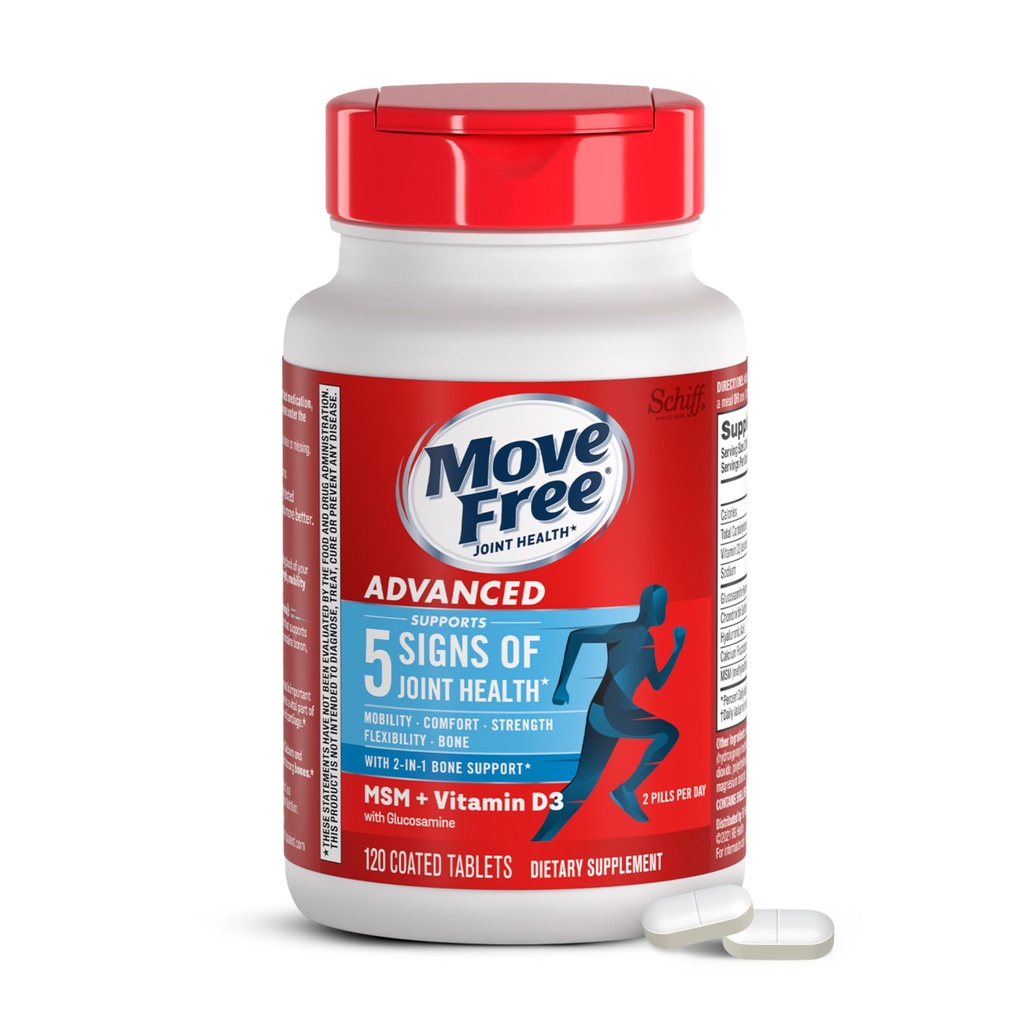 Flyt Free Advanced Glucosamin Chondroitin MSM + D3- vitamin fælles supporttillæg, understøtter Mobilitet Comfort styrke Fleksibilitet & Bone + immunforsvar - 120 tabletter (60 portioner) *