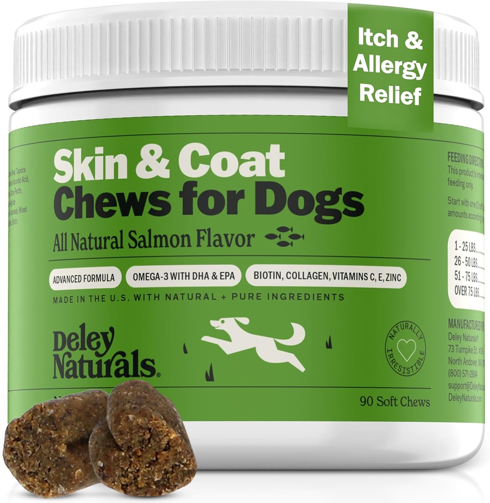 Deley Naturals Skin & Coat Chews - Hund Allergy Chews med Omega 3 Fish Oil, Biotin, Collagen og Væsentlige Vitaminer - Understøtter Hund kløende Hud Relief, Reducerer Tørhed og sund Coat - Made in USA