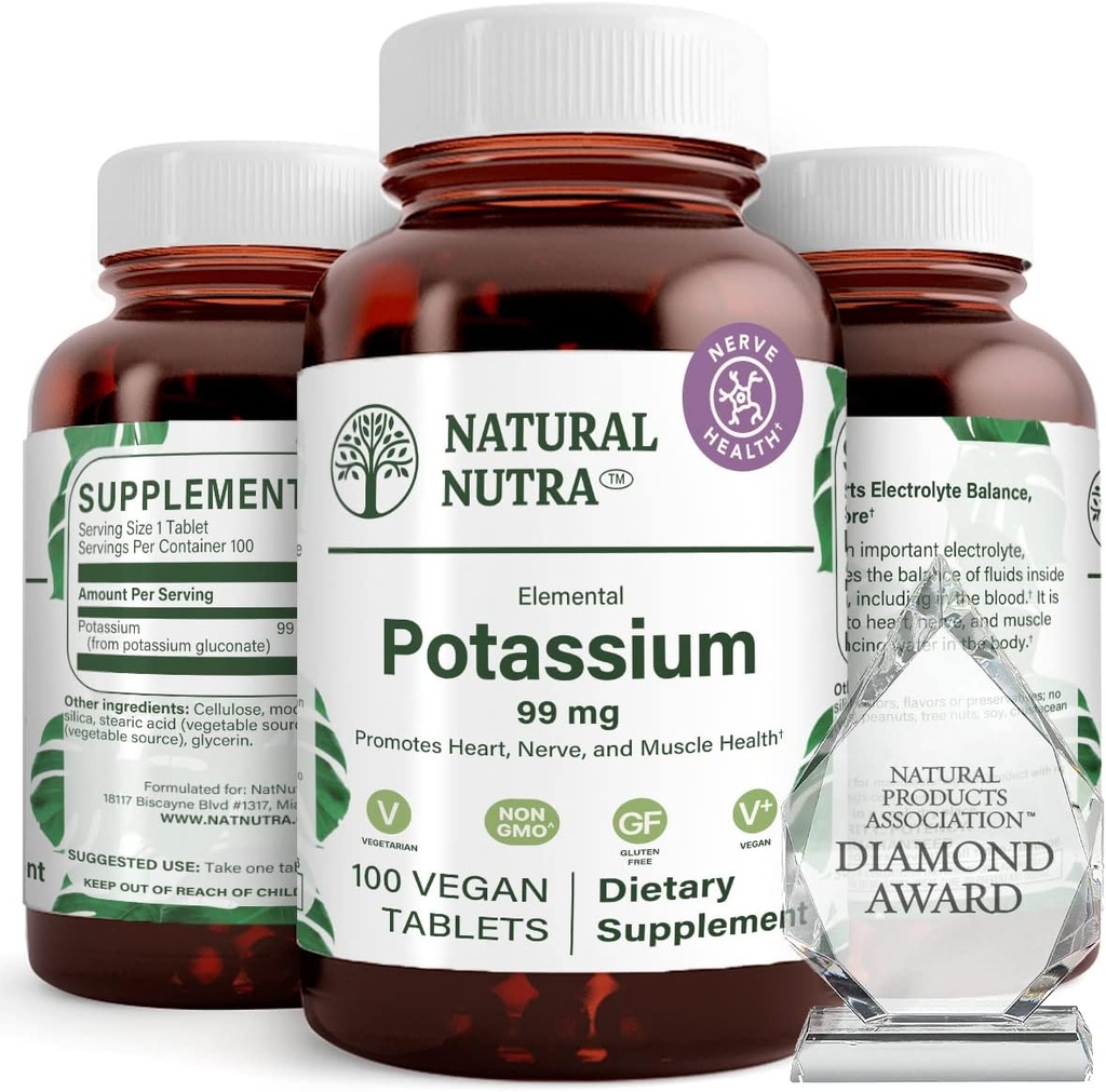 Natural Nutra Elemental Potassium Gluconate 99 mg Dietary Supplement – Promotes Energy, Helps Boost Nervous System, Promotes Heart Health, Mineral Regulation, Muscle Function - 100 Vegan Tablets