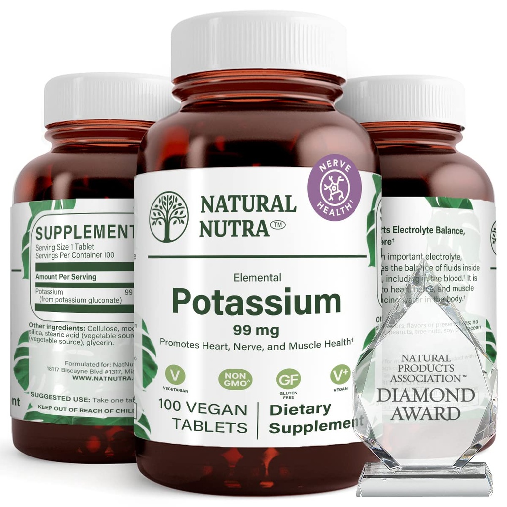 Naturlig Nutra Elemental Kalium Gluconate 99 mg Kosttilskud - fremmer energi, Hjælper Boost Nervesystemet, fremmer hjertesundhed, Mineral regulering, Muskelfunktion - 100 Vegan tabletter
