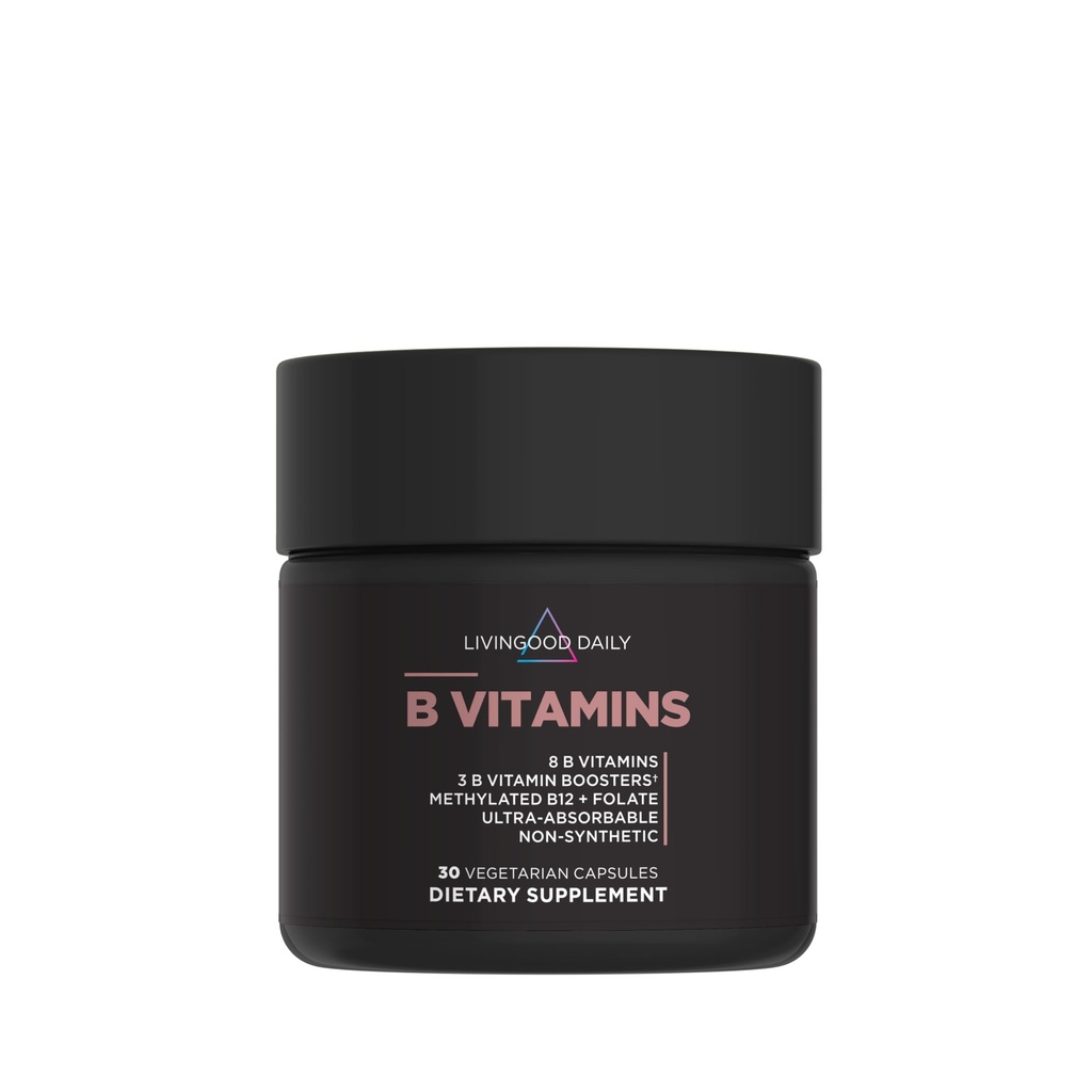 Livingood Daily Vitamin B Complex kapsler til mænd og kvinder, Methylerede B12 & Folate, 11 aktive former herunder B1 B2 B3 B5 B6 & biotin, Gluten Free, Vegan B Vitaminer til hårnegle, 30 kapsler