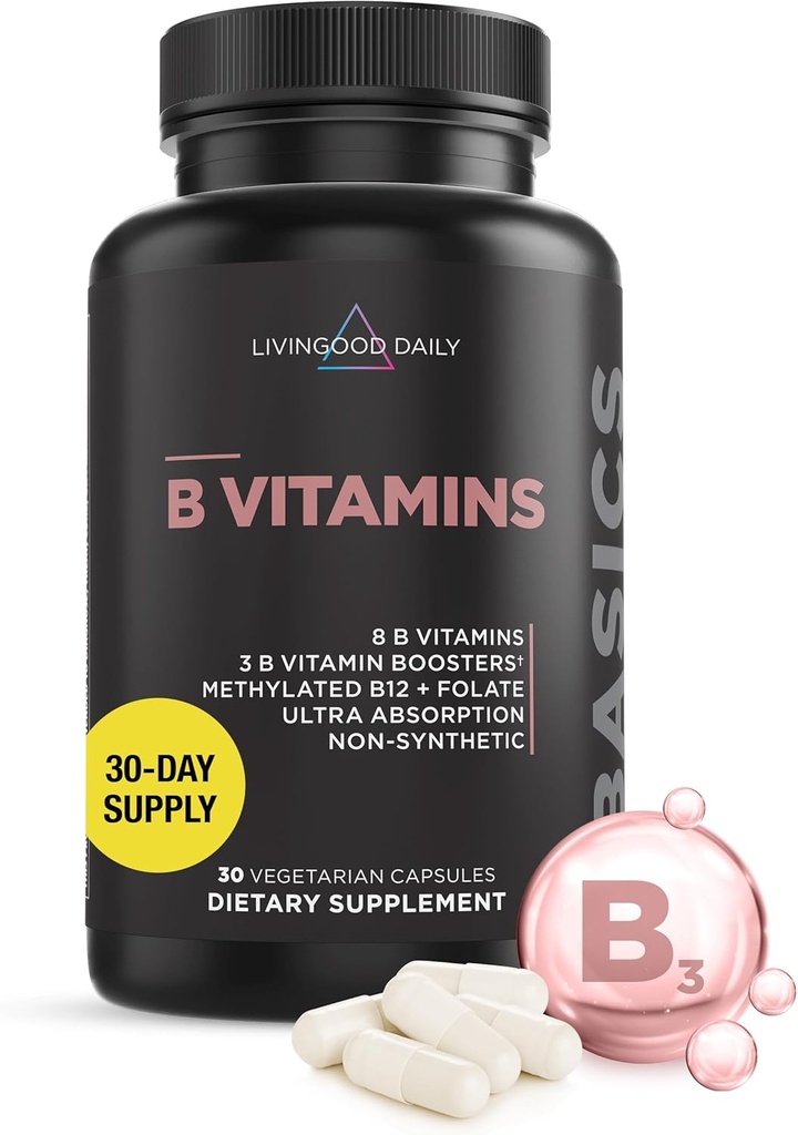 Livingood Daily Vitamin B Complex kapsler til mænd og kvinder, Methylerede B12 & Folate, 11 aktive former herunder B1 B2 B3 B5 B6 & biotin, Gluten Free, Vegan B Vitaminer til hårnegle, 30 kapsler
